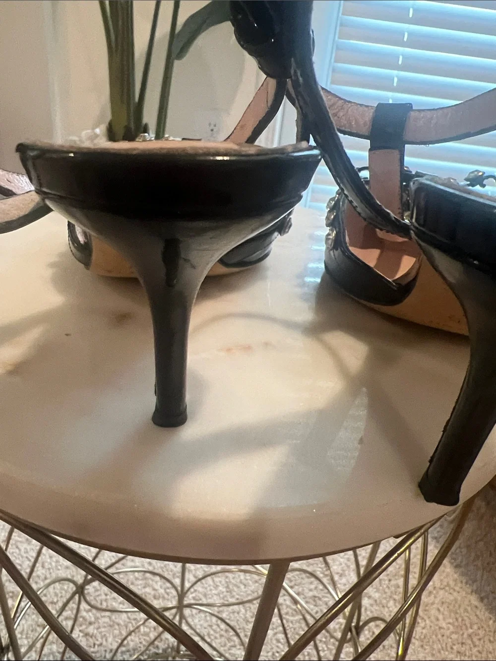 kate spade Black Patent T‑Strap Pointed-Toe Heels with Crystal Accents